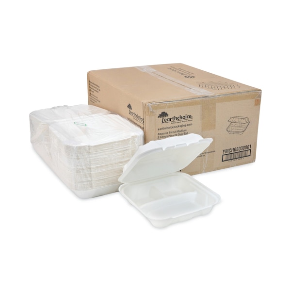 Pactiv Bagasse Hinged Lid Container, 7.8 x 7.8 x 2.8, 3-Comp, Natural, PK150 - YMCH08030001