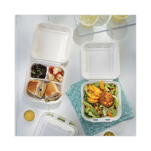 Pactiv Bagasse Hinged Lid Container, 7.8 x 7.8 x 2.8, 3-Comp, Natural, PK150 - YMCH08030001