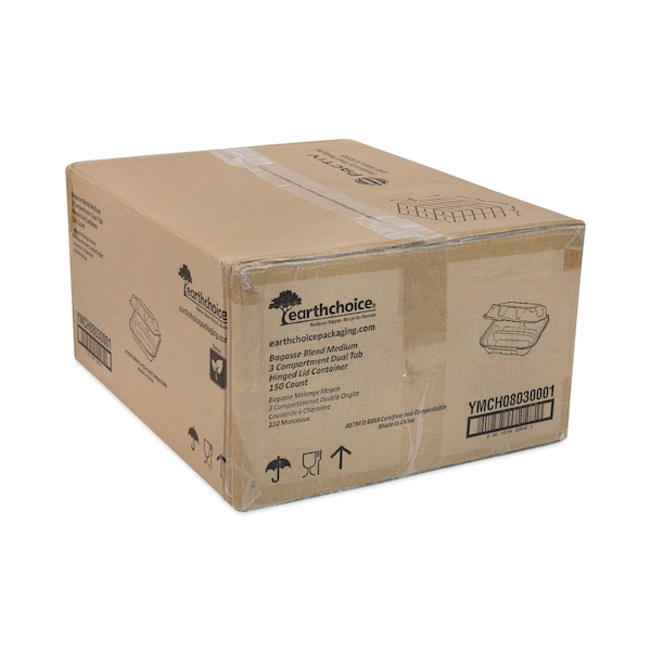 Pactiv Bagasse Hinged Lid Container, 7.8 x 7.8 x 2.8, 3-Comp, Natural, PK150 - YMCH08030001