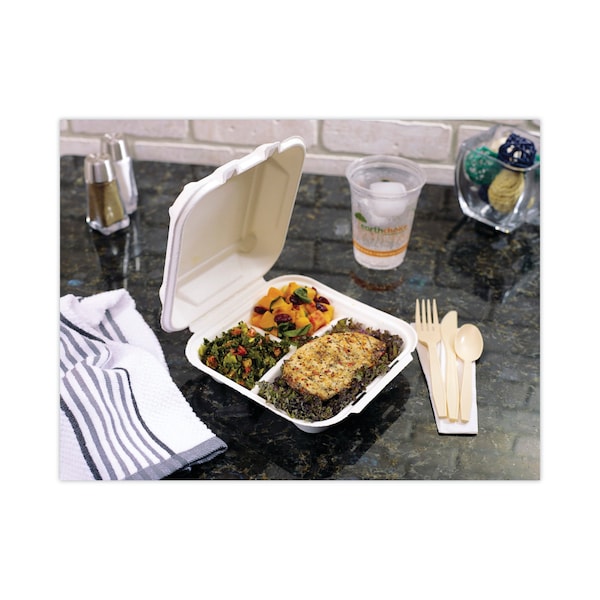 Pactiv Bagasse Hinged Lid Container, 7.8 x 7.8 x 2.8, 3-Comp, Natural, PK150 - YMCH08030001