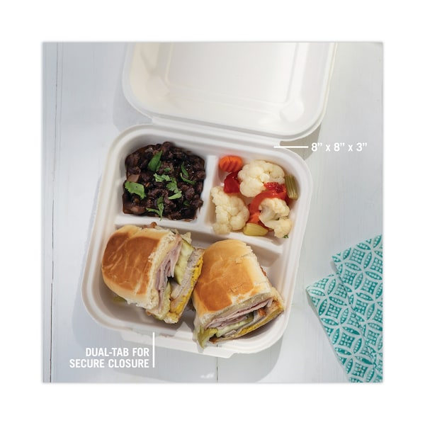 Pactiv Bagasse Hinged Lid Container, 7.8 x 7.8 x 2.8, 3-Comp, Natural, PK150 - YMCH08030001