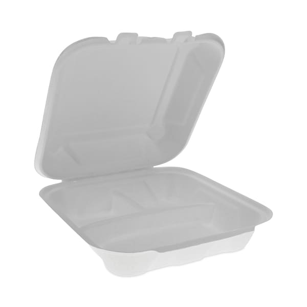 Pactiv Bagasse Hinged Lid Container, 7.8 x 7.8 x 2.8, 3-Comp, Natural, PK150 - YMCH08030001