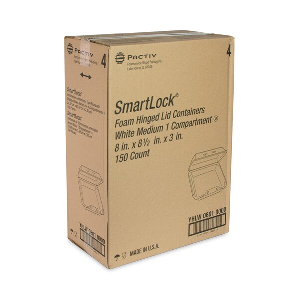 Pactiv Evergreen SmartLock Foam Hinged Containers, Medium, 8 x 8 x 3, White, PK150 - YHLW08010000