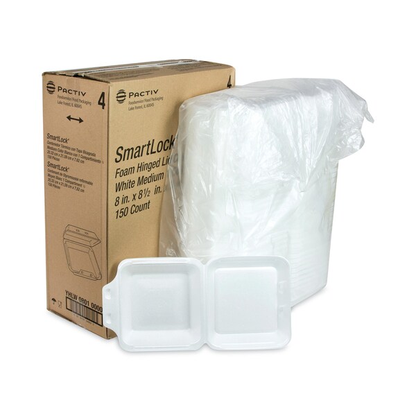 Pactiv Evergreen SmartLock Foam Hinged Containers, Medium, 8 x 8 x 3, White, PK150 - YHLW08010000