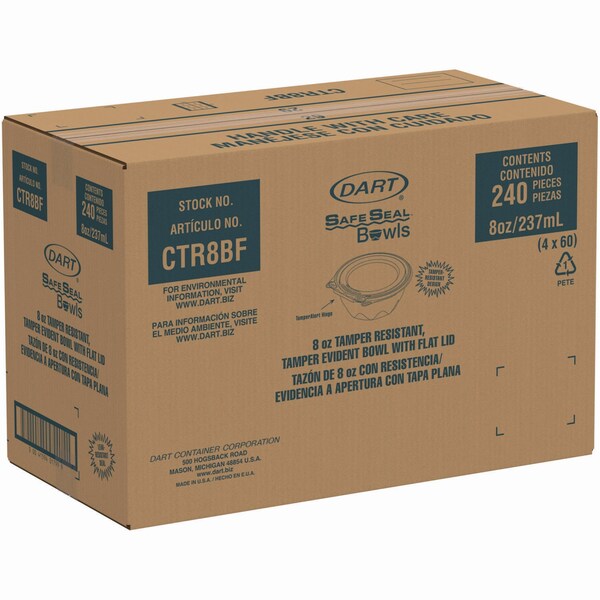 Dart SafeSeal Tamper-Resistant, Tamper-Evident Bowls with Flat Lid, 8 oz, 5.5 in. Diax1.7 in. H, Clear, 240PK - CTR8BF
