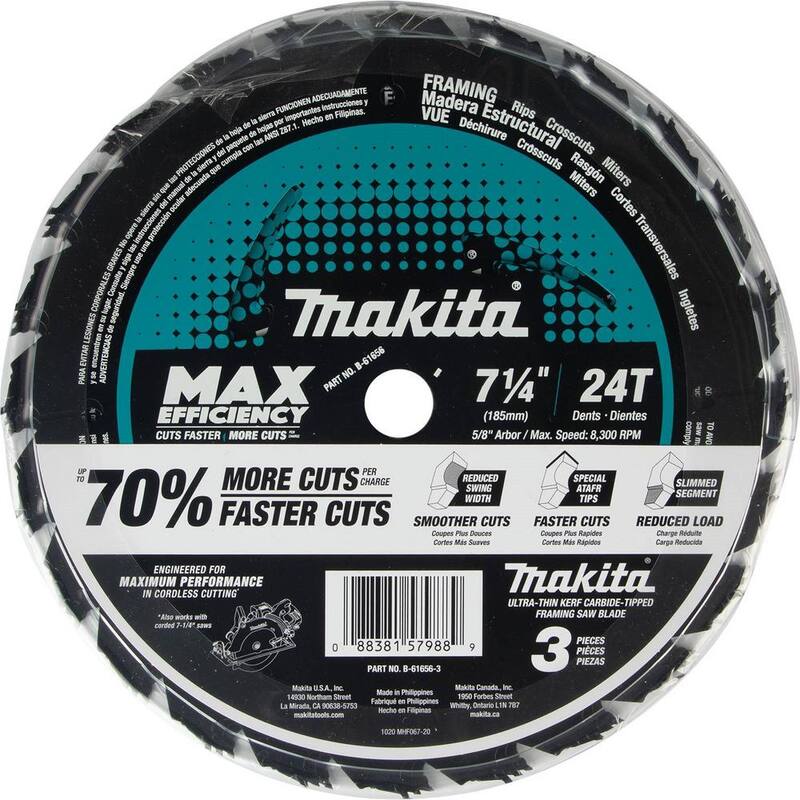 Hoja de sierra circular Makita de 7-1/4 pulgadas, 24T de carburo con Kerf ultra delgada de máxima eficiencia para estructuras (paquete de 3) - B-61656-3