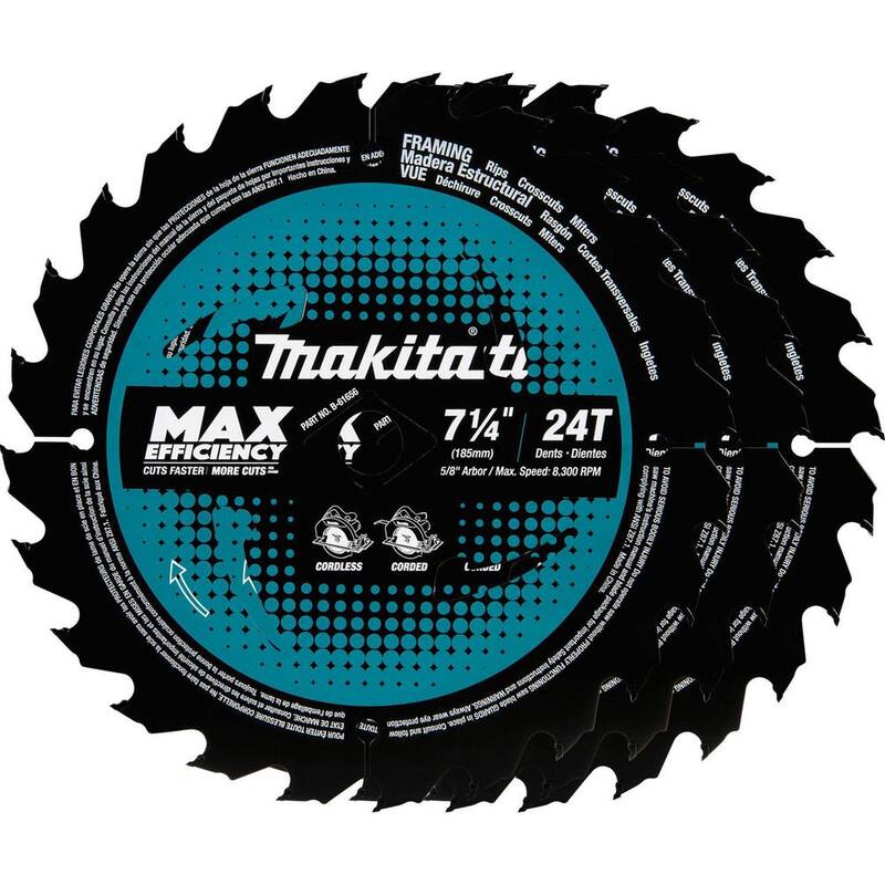 Hoja de sierra circular Makita de 7-1/4 pulgadas, 24T de carburo con Kerf ultra delgada de máxima eficiencia para estructuras (paquete de 3) - B-61656-3