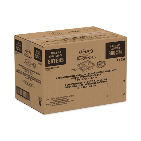 Dart TamperGuard Snack Boxes, 4-Compartment, 6.3 x 6.3 x 1.8, Clear, Plastic, 300PK - SBTG4S