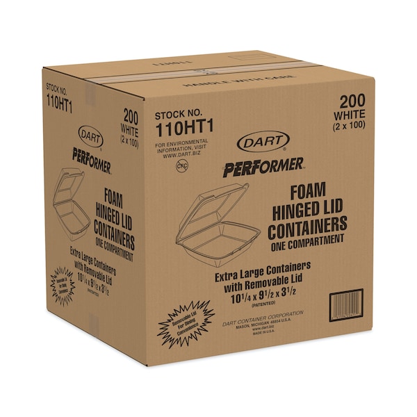 Dart Hinged Lid Carryout Container, 9.5 x 10.33 x 3.5, White, Foam, PK200, 200PK - 110HT1