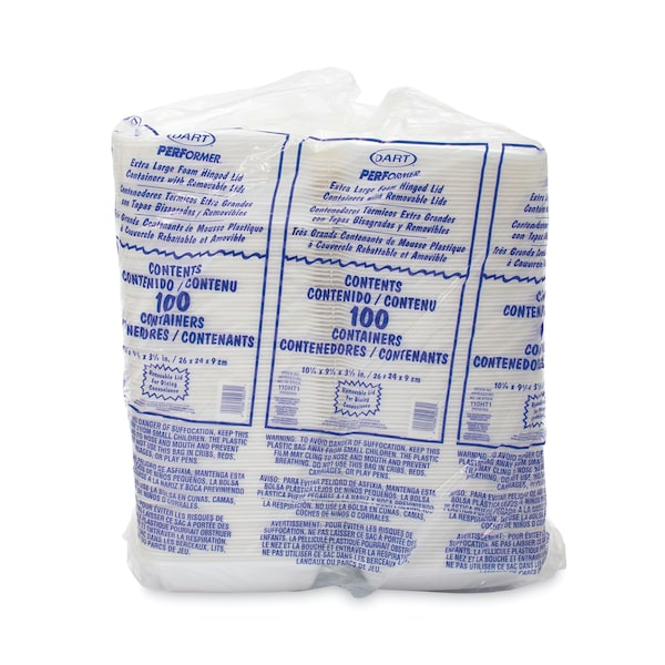 Dart Hinged Lid Carryout Container, 9.5 x 10.33 x 3.5, White, Foam, PK200, 200PK - 110HT1