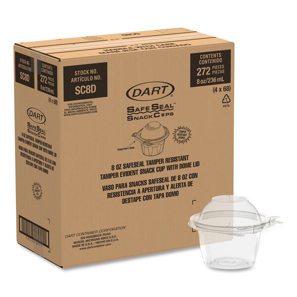 Dart ClearPac SafeSeal Tamper-Resistant/Evident Containers, Snack Cup, Domed Lid, 8 oz, Plastic, 272PK - SC8D