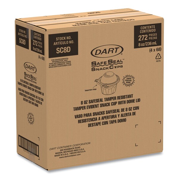 Dart ClearPac SafeSeal Tamper-Resistant/Evident Containers, Snack Cup, Domed Lid, 8 oz, Plastic, 272PK - SC8D
