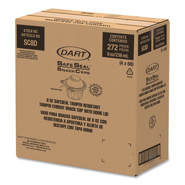 Dart ClearPac SafeSeal Tamper-Resistant/Evident Containers, Snack Cup, Domed Lid, 8 oz, Plastic, 272PK - SC8D