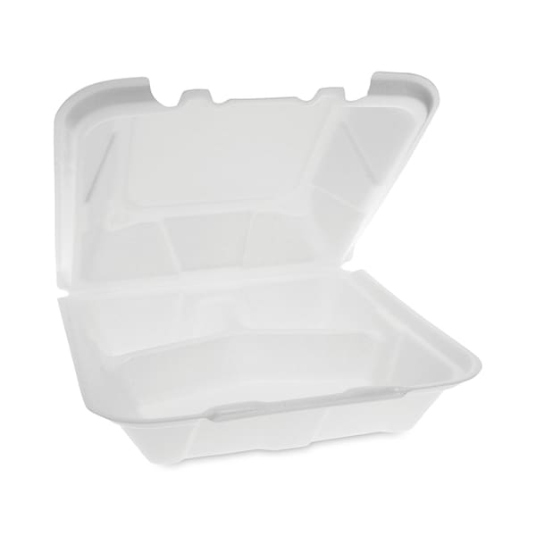 Pactiv Foam Hinged Lid Container, 2 Tab Lock, 9.13x9x3.25, 3-Comp, Wht, PK150 - YTD199030000