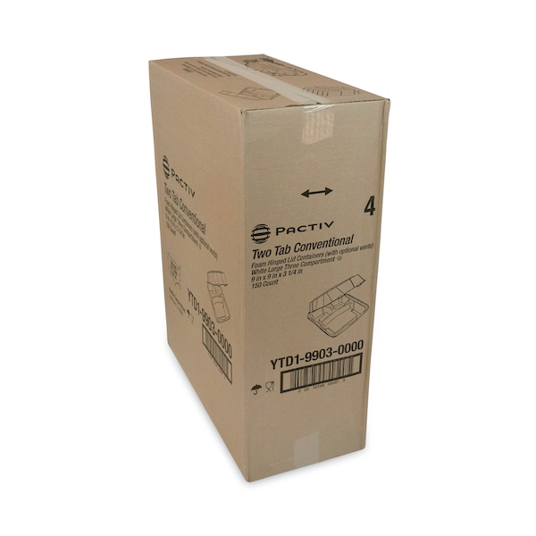 Pactiv Foam Hinged Lid Container, 2 Tab Lock, 9.13x9x3.25, 3-Comp, Wht, PK150 - YTD199030000