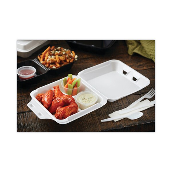 Pactiv Foam Hinged Lid Container, 2 Tab Lock, 9.13x9x3.25, 3-Comp, Wht, PK150 - YTD199030000
