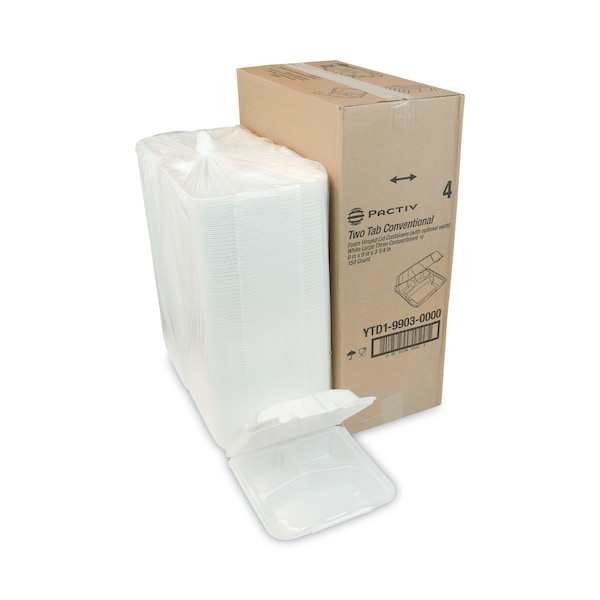 Pactiv Foam Hinged Lid Container, 2 Tab Lock, 9.13x9x3.25, 3-Comp, Wht, PK150 - YTD199030000