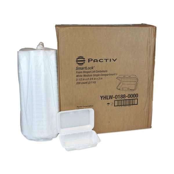 Pactiv SmartLock Foam Hinged Containers, Med, 8.75x5.5x3, 1-Comp, Wht, PK220 - YHLW01880000