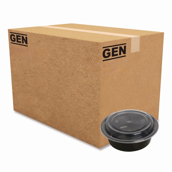 Gen Food Container, 16 oz, 6.29 x 6.29 x 1.96, Black/Clear, Plastic, 150PK - FCPP-BC-16RND