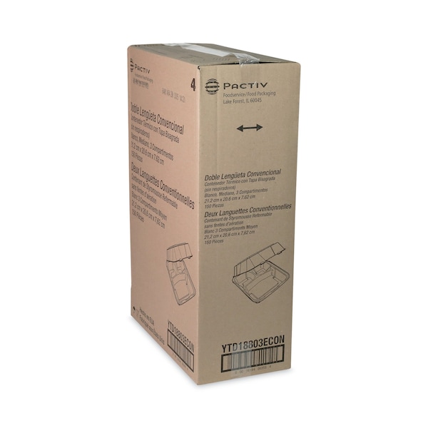 Pactiv Foam Hinge Lid Container, Dual Tab Lock, 8.42x8.15x3, 3-Cmp, Wt, PK150 - YTD18803ECON