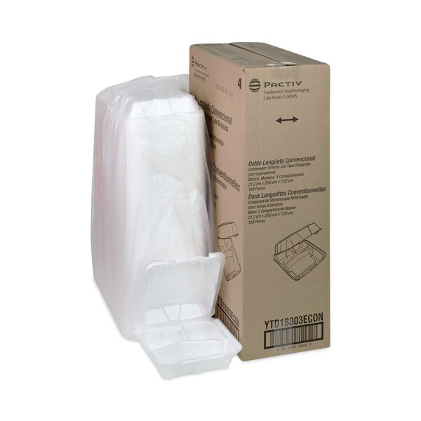 Pactiv Foam Hinge Lid Container, Dual Tab Lock, 8.42x8.15x3, 3-Cmp, Wt, PK150 - YTD18803ECON