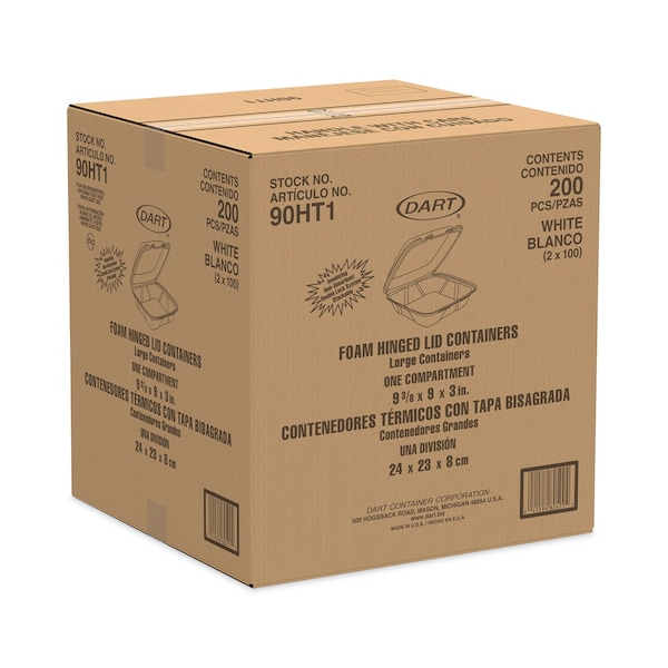 Dart Insulated Foam Hinged Lid Containers, 1-Compartment, 9 x 9.4 x 3, White, 200PK - 90HT1