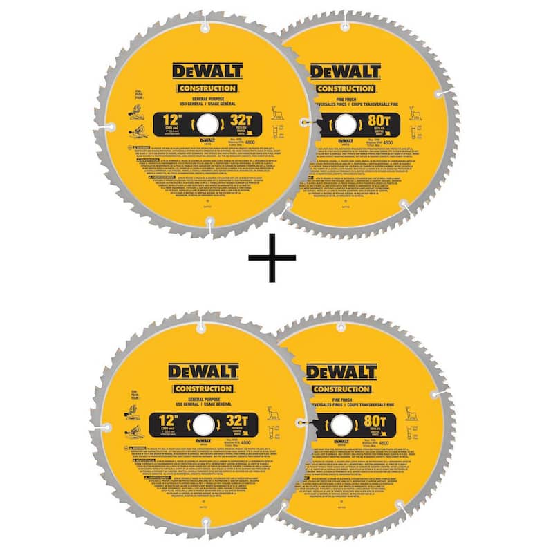 Sierra ingletadora DEWALT de 12 pulgadas con 32 dientes y 80 dientes (paquete de 2) con bono de sierra ingletadora de 12 pulgadas con 32 dientes y 80 dientes (paquete de 2) - DW3128P5W3128P5
