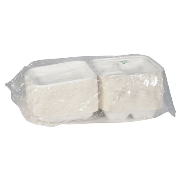 Pactiv Evergreen EarthChoice PFAS Free Compostable Hinged Lid Container, 3-Compartment, 8x8x3, Natural, Sugarcane, 150PK - YMCH0803PFFR