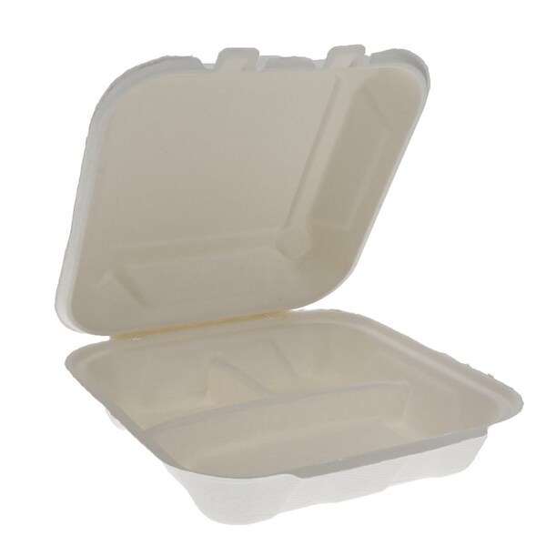 Pactiv Evergreen EarthChoice PFAS Free Compostable Hinged Lid Container, 3-Compartment, 8x8x3, Natural, Sugarcane, 150PK - YMCH0803PFFR