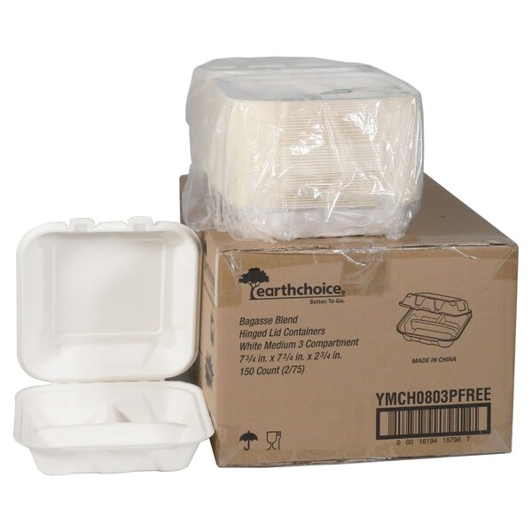 Pactiv Evergreen EarthChoice PFAS Free Compostable Hinged Lid Container, 3-Compartment, 8x8x3, Natural, Sugarcane, 150PK - YMCH0803PFFR