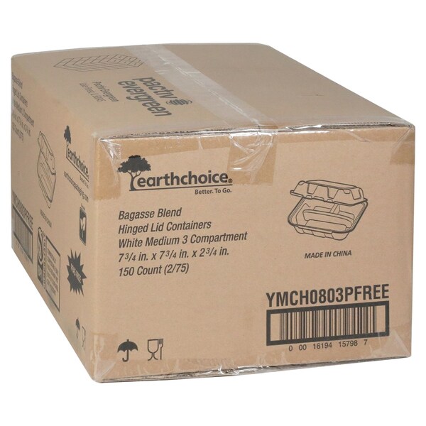 Pactiv Evergreen EarthChoice PFAS Free Compostable Hinged Lid Container, 3-Compartment, 8x8x3, Natural, Sugarcane, 150PK - YMCH0803PFFR