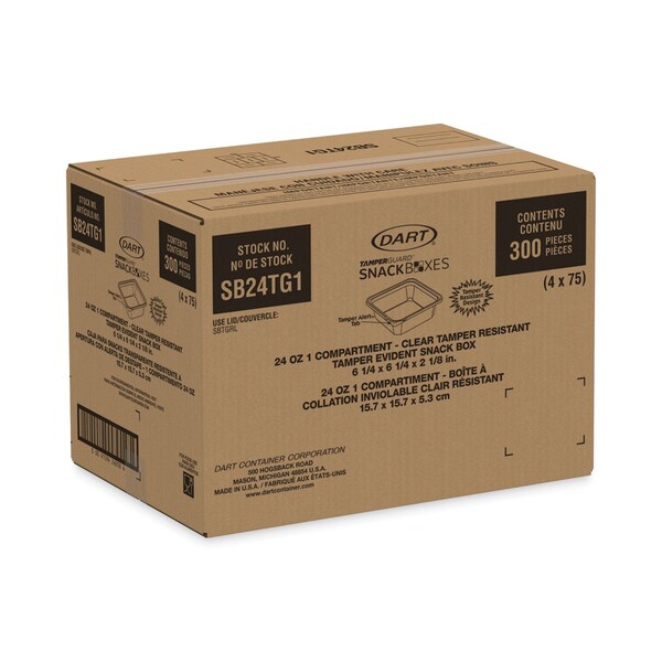 Dart TamperGuard Snack Boxes, 1-Compartment, 24 oz, 6.3 x 6.3 x 2.1, Clear, Plastic, 300PK - SB24TG1