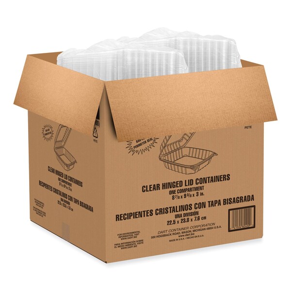 Dart ClearSeal Hinged-Lid Plastic Containers, 9.3 x 8.83 x 3, Clear, Plastic, 200PK - PET95PST1