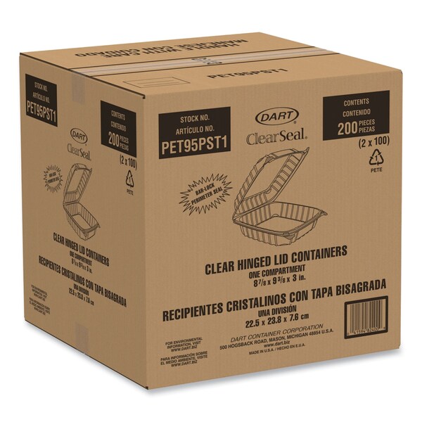 Dart ClearSeal Hinged-Lid Plastic Containers, 9.3 x 8.83 x 3, Clear, Plastic, 200PK - PET95PST1