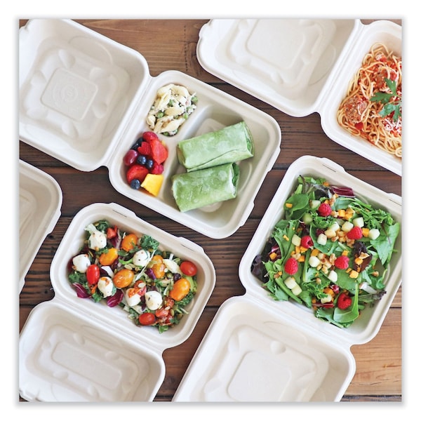 World Centric Fiber Hinged Containers, 9.2 x 9.1 x 3.2, Natural, Paper, 300PK - TO-SC-U9-LFP