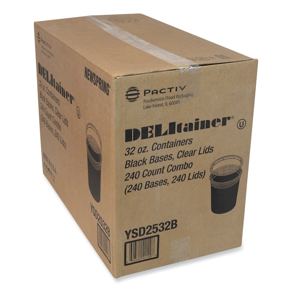 Pactiv Evergreen Newspring DELItainer Microwavable Container, 32 oz, 4.55 x 4.55 x 5.55, Black/Clear, Plastic, 240PK - YSD2532B