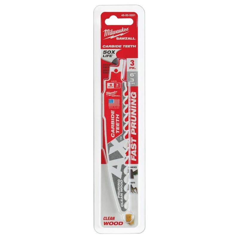 Sierra sable Milwaukee de 6 pulg. con dientes de carburo para poda de madera de 3 TPI (3 paquetes) - 48-00-5331