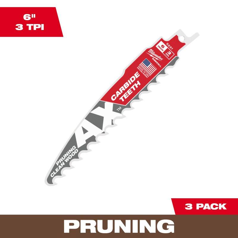Sierra sable Milwaukee de 6 pulg. con dientes de carburo para poda de madera de 3 TPI (3 paquetes) - 48-00-5331
