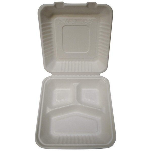 Americareroyal PrimeWare Hinged Container Molded Fiber 9x9x3 PLA lined 3 Comp, 80PK - PLA-39