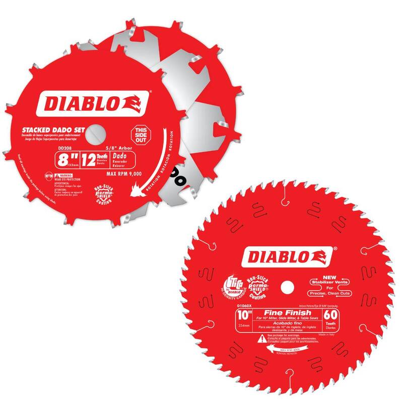 Juego de hojas de sierra apiladas con 12 dientes de 8 pulgadas Diablo y hoja de sierra circular fina de 60 dientes de 10 pulgadas (6 piezas) - D1060XDD208H2GS