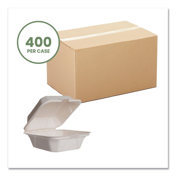 Vegware White Molded Fiber Clamshell Containers, 5.9 x 5.9 x 2.9, White, Sugarcane, PK400 - WHBRG-6 HW