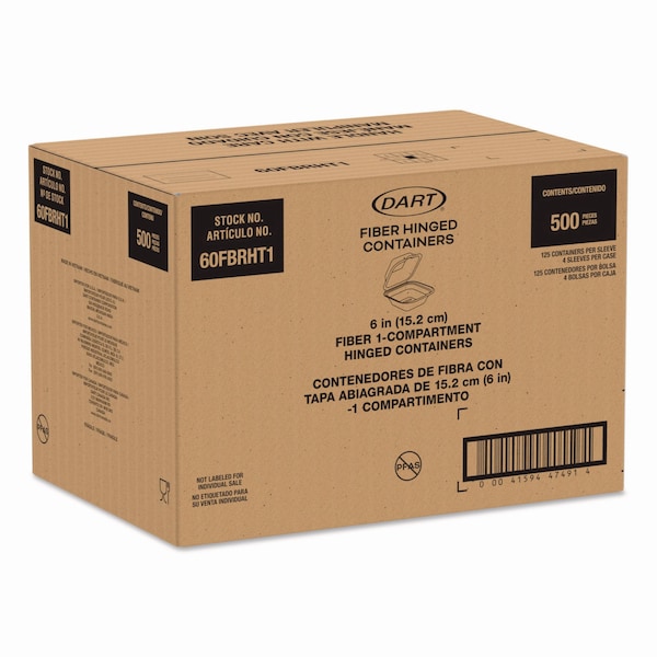 Dart Compostable Molded Fiber Hinged Trays, ProPlanet Seal, 6.12 x 5.87 x 3.1, Natural, 500PK - 60FBRHT1