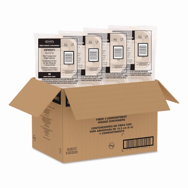 Dart Compostable Molded Fiber Hinged Trays, ProPlanet Seal, 6.12 x 5.87 x 3.1, Natural, 500PK - 60FBRHT1