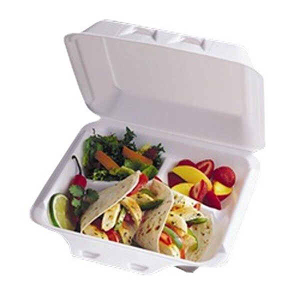 Pactivoration 9 x 2.25 x 0.75 - 3 Compartment White Foam Container, 150PK - YHLW0903