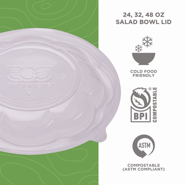 Eco-Products Renewable and Compostable Lids for 24, 32 and 48 oz Salad Bowls, Clear, Plastic, 300PK - EP-SBLID