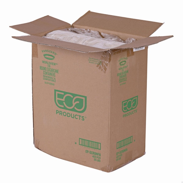 Eco-Products Vanguard Worldview Renewable and Compostable Sugarcane Take-Out Containers, 34.1 oz, White, 400PK - EP-SCR9NFA