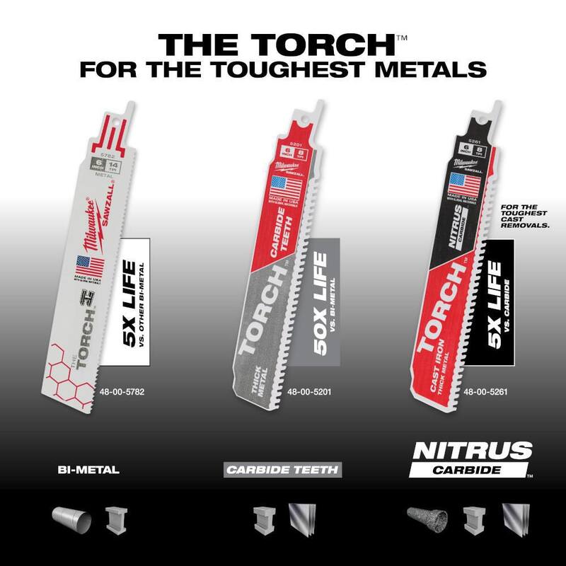 Milwaukee 6 pulgadas 8 TPI TORCH Nitrus Carbide Teeth Metal Cutting SAWZALL Hoja de sierra reciproca (paquete de 5) - 48-00-5561