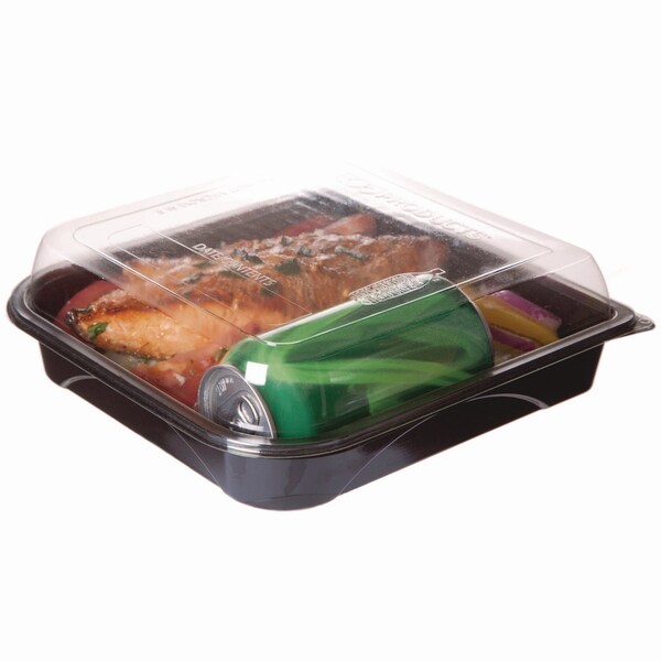 Eco-Products Recycled Content 9 in. Premium Take Out Containers, 42 oz, 9x8.8x1.6, Black/Clear, Plastic, 150PK - EP-PTOR9