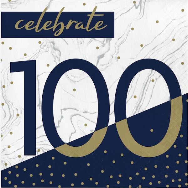 Creative Converting Navy and Gold 100th Birthday Napkins, 6.5", 192PK - 357617