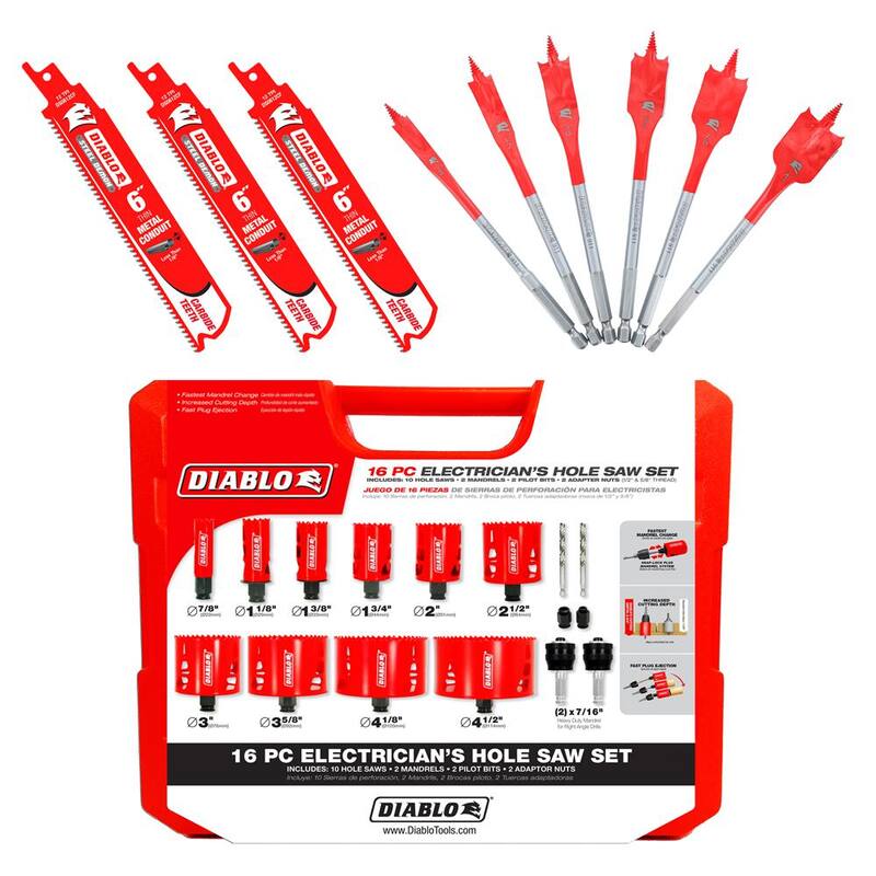 16 piezas de sierras de agujero bimetálicas para electricistas DIABLO, 6 piezas de brocas SPEEDemon Spade y 6 cuchillas de carburo para conductos de metal delgados de 6 pulgadas (25 piezas) - D0612CFS16SELS6